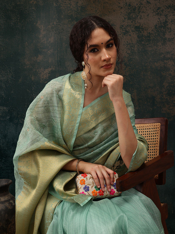 Green Kota Doria Floral Embroidered Saree with Unstitched Blouse