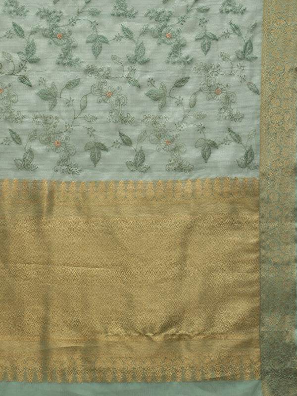 Green Kota Doria Floral Embroidered Saree with Unstitched Blouse