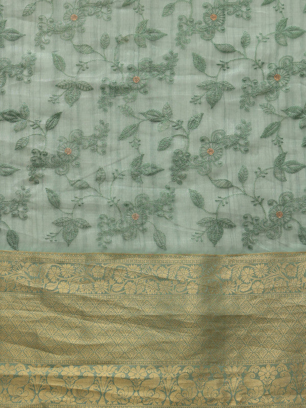 Green Kota Doria Floral Embroidered Saree with Unstitched Blouse