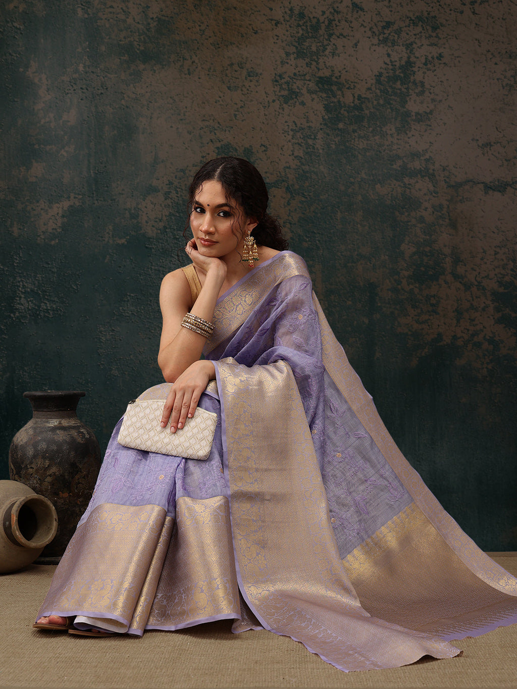Lavender Kota Doria Embroidered Floral Saree & Blouse Piece