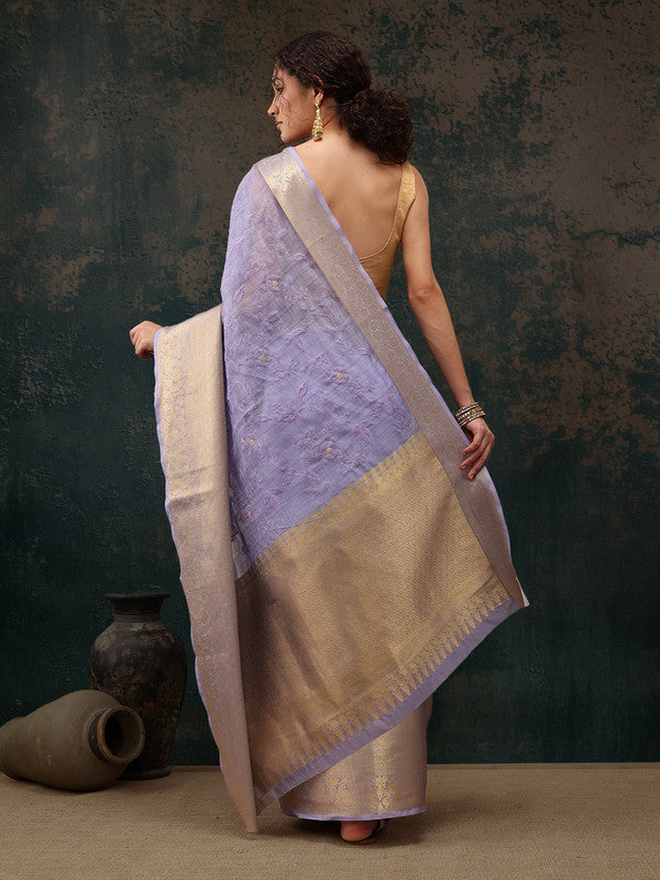 Lavender Kota Doria Embroidered Floral Saree & Blouse Piece