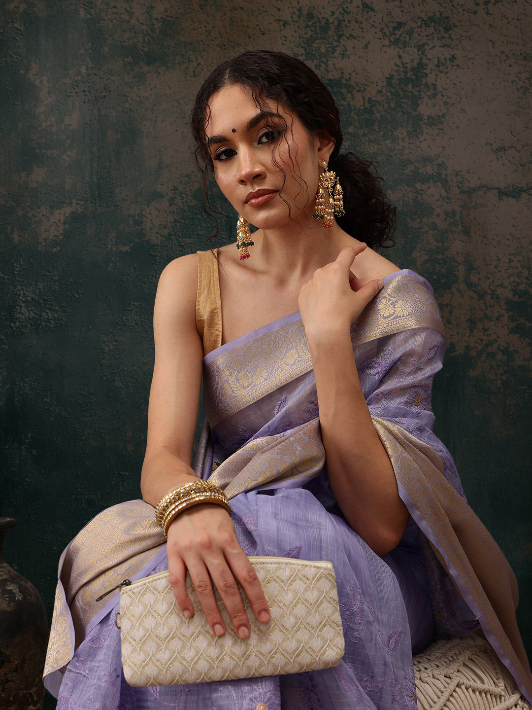 Lavender Kota Doria Embroidered Floral Saree & Blouse Piece