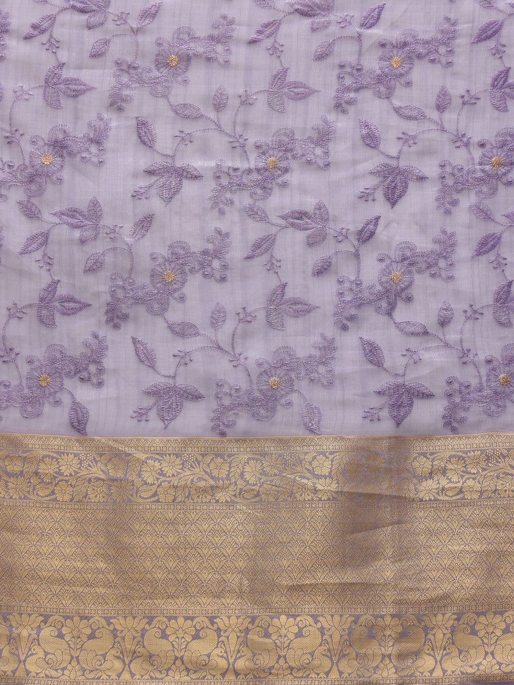 Lavender Kota Doria Embroidered Floral Saree & Blouse Piece