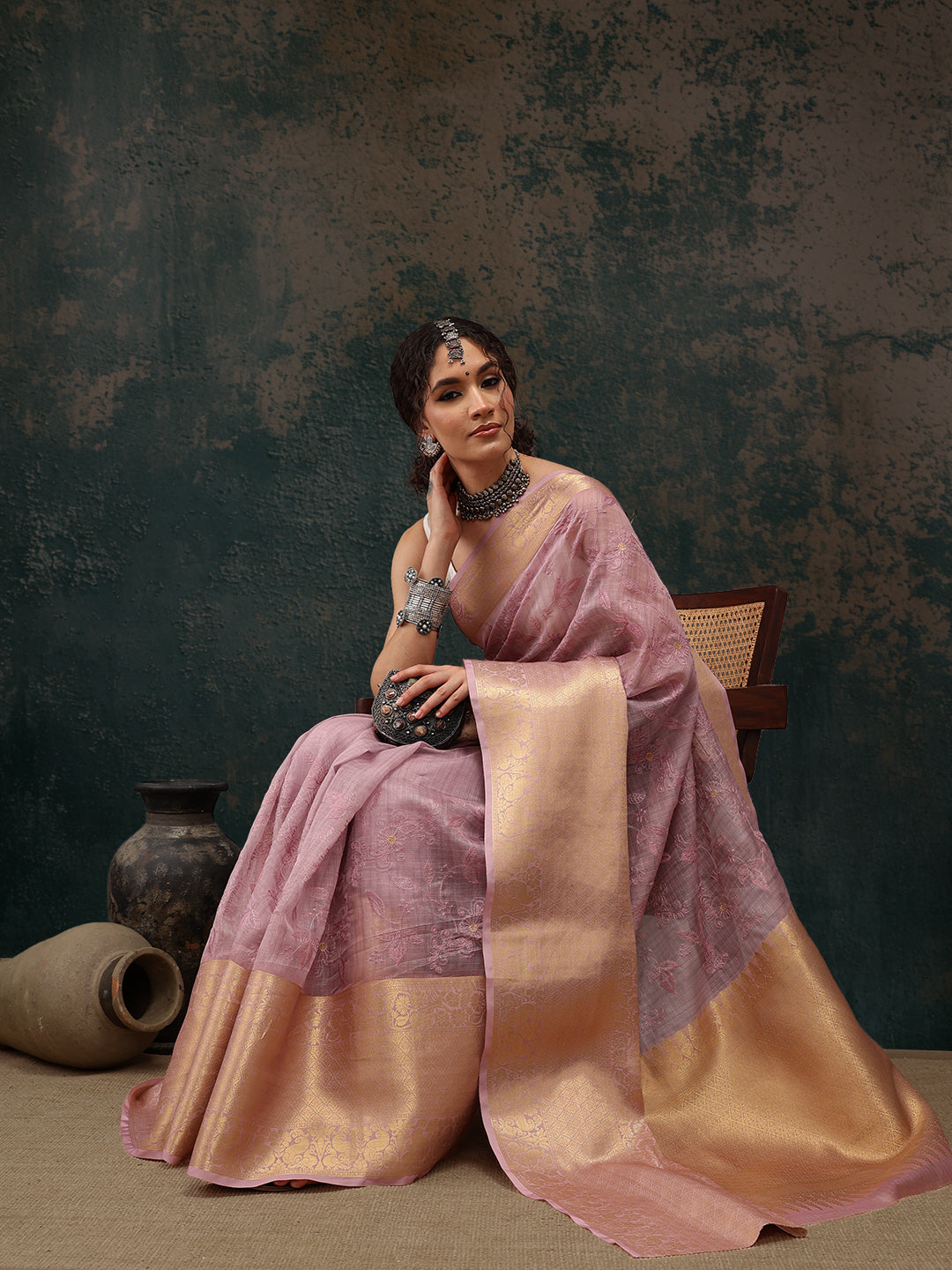 Pink Kota Doria Floral Embroidered Saree with Unstitched Blouse