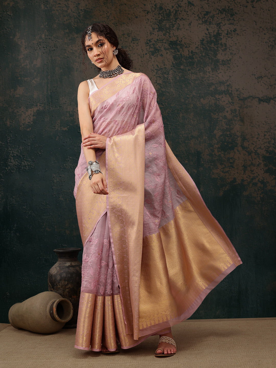 Pink Kota Doria saree with floral embroidery and unstitched blouse piece