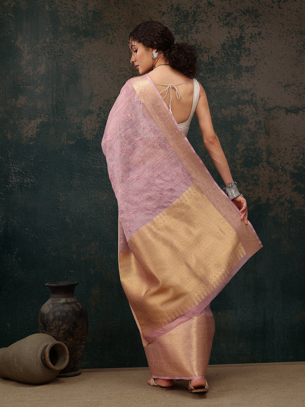 Pink Kota Doria Floral Embroidered Saree with Unstitched Blouse