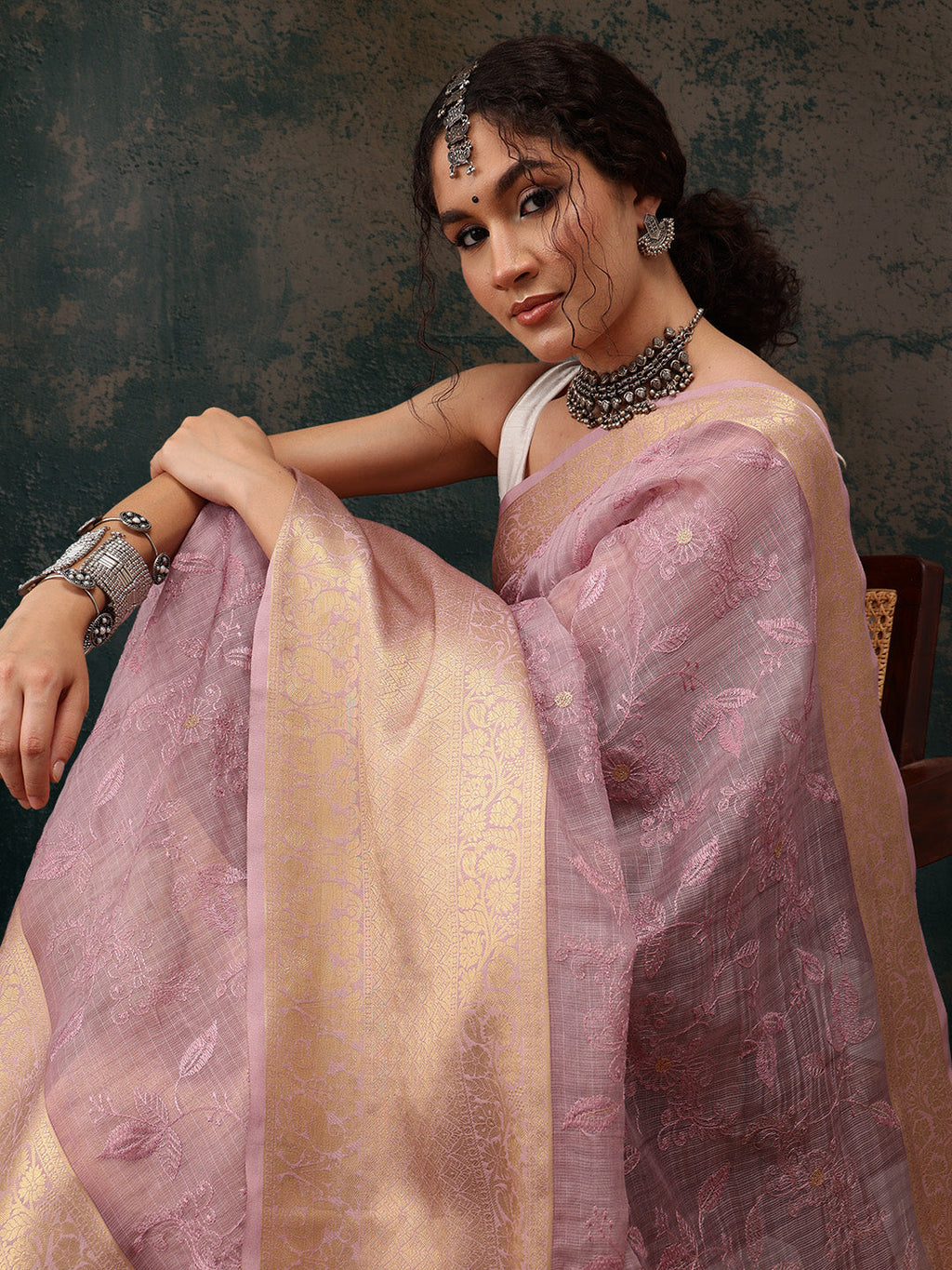 Pink Kota Doria Floral Embroidered Saree with Unstitched Blouse