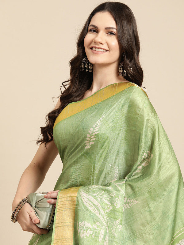 Green silk blend saree with floral digital print and unstitched blouse piece
