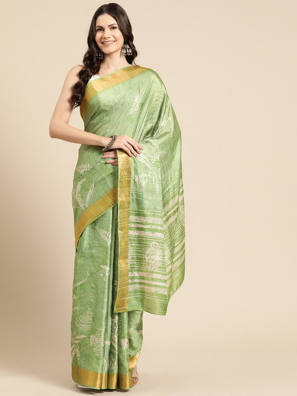 Green Silk Blend Floral Digital Print Saree with Blouse Piece