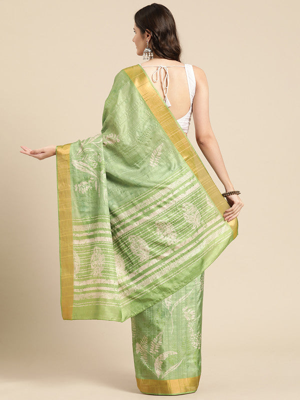 Green Silk Blend Floral Digital Print Saree with Blouse Piece