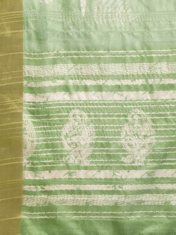 Green Silk Blend Floral Digital Print Saree with Blouse Piece