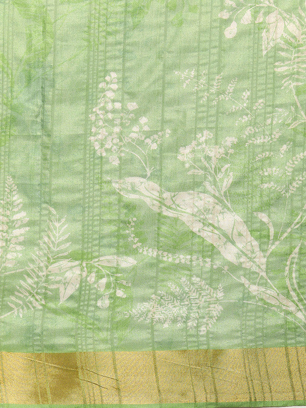 Green Silk Blend Floral Digital Print Saree with Blouse Piece