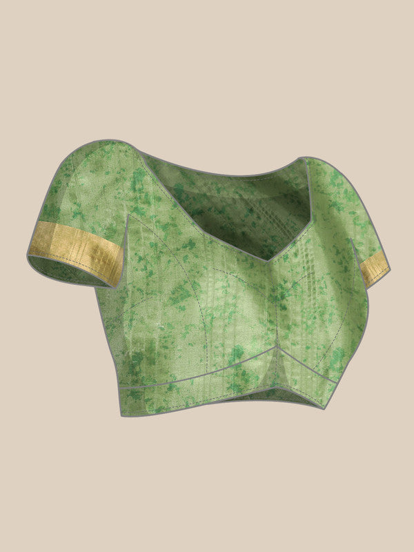 Green Silk Blend Floral Digital Print Saree with Blouse Piece