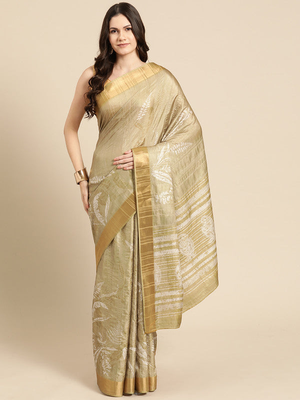 Olive silk blend digital print floral saree with matching unstitched blouse piece