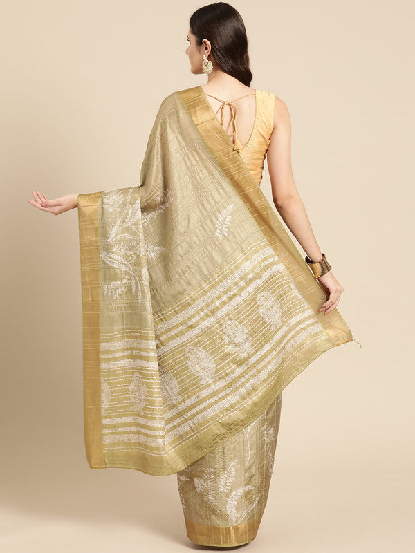 Olive Floral Digital Print Silk Blend Saree with Unstitched Blouse