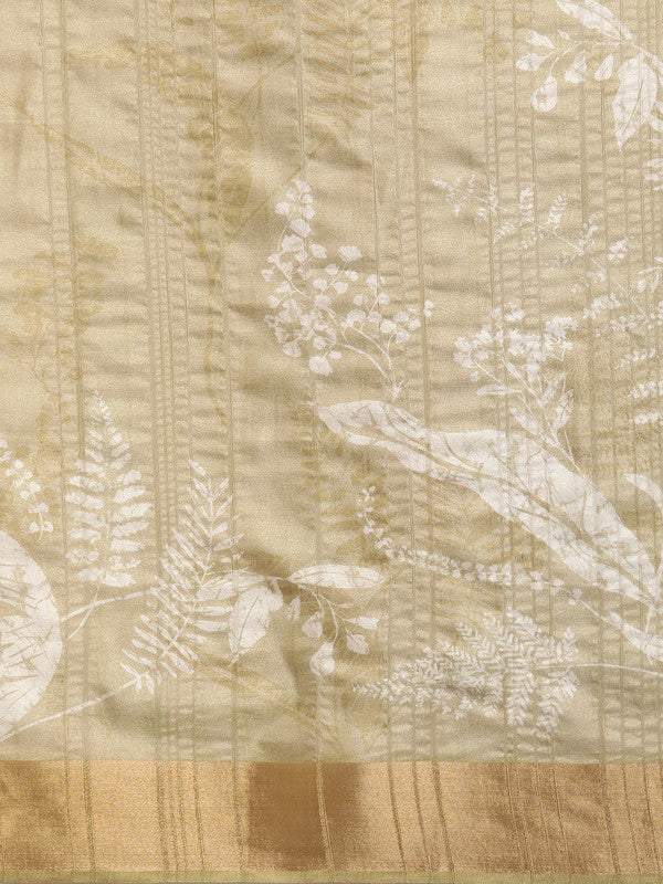 Olive Floral Digital Print Silk Blend Saree with Unstitched Blouse