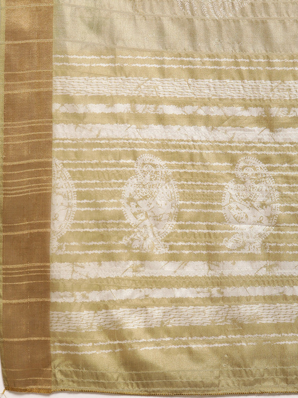Olive Floral Digital Print Silk Blend Saree with Unstitched Blouse
