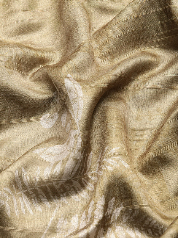 Olive Floral Digital Print Silk Blend Saree with Unstitched Blouse