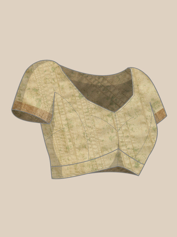 Olive Floral Digital Print Silk Blend Saree with Unstitched Blouse