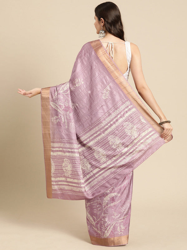 Purple Silk Blend Floral Digital Print Saree with Blouse Piece