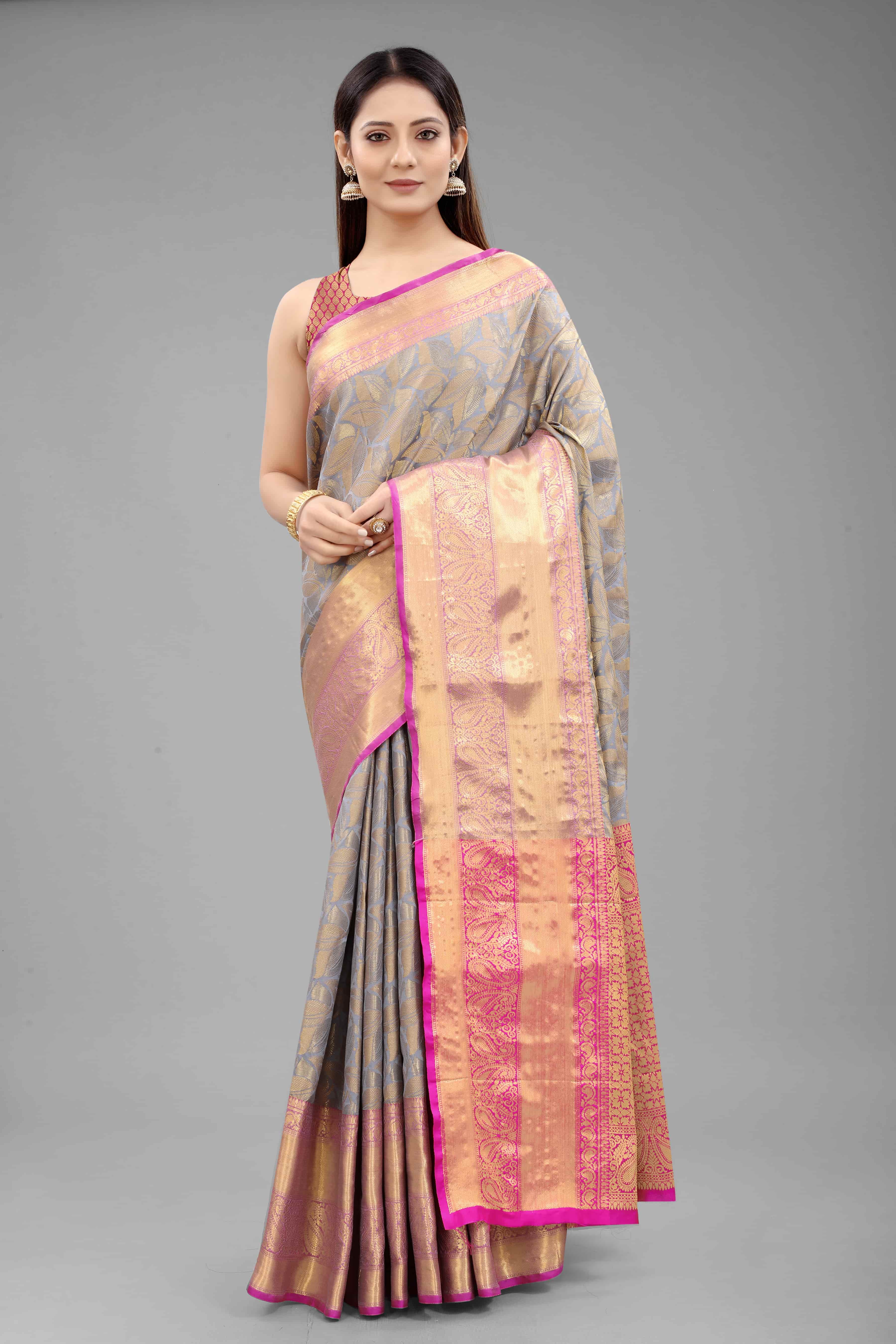 Grey Banarasi Art Silk Saree with intricate floral woven design