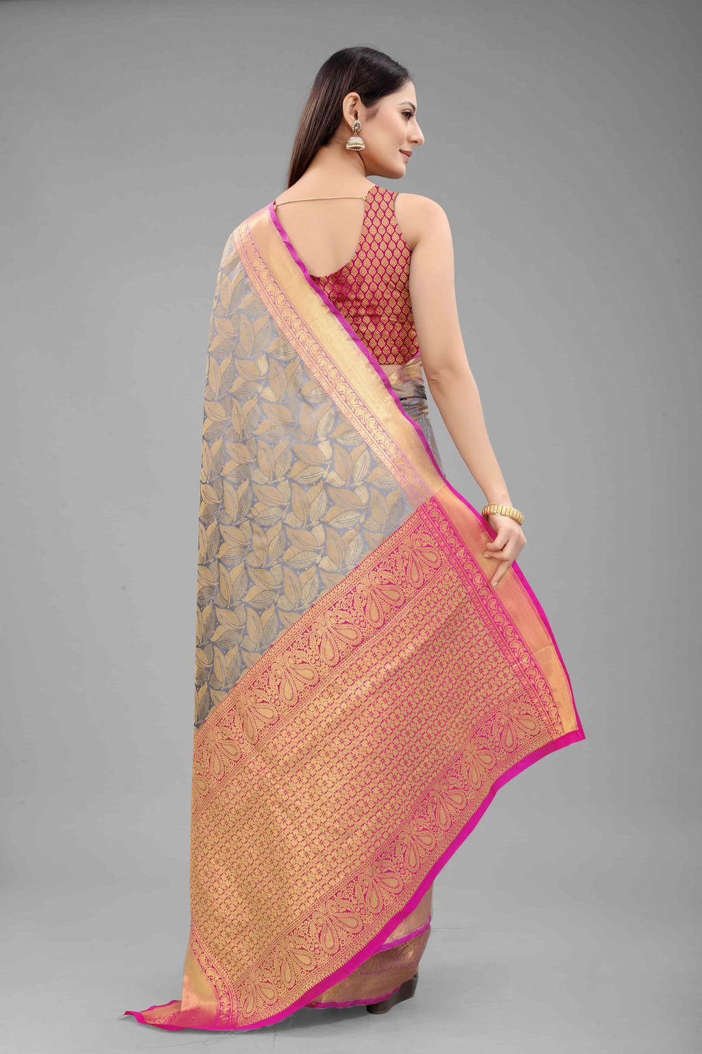 Grey Banarasi Art Silk Floral Woven Design Saree