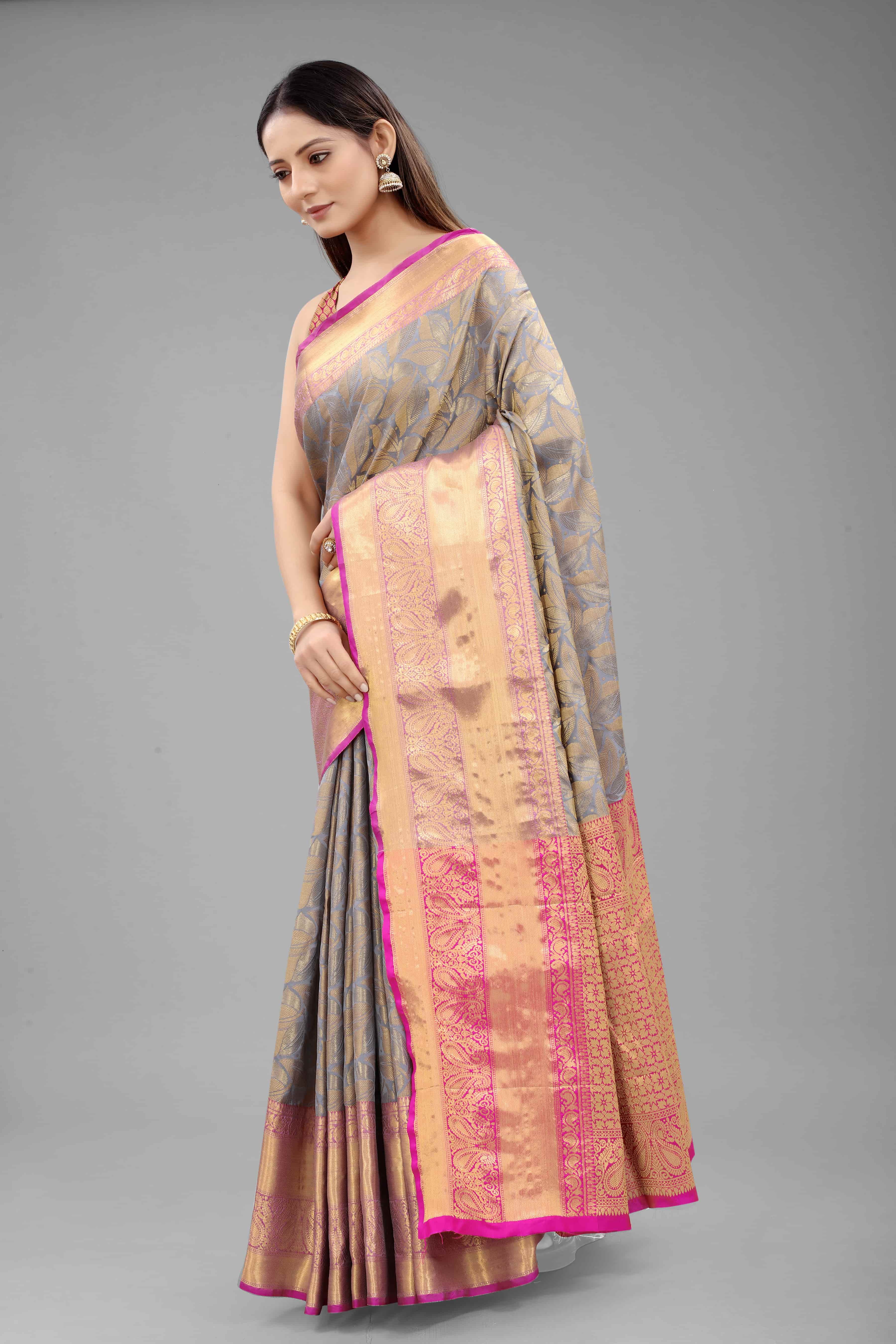 Grey Banarasi Art Silk Floral Woven Design Saree