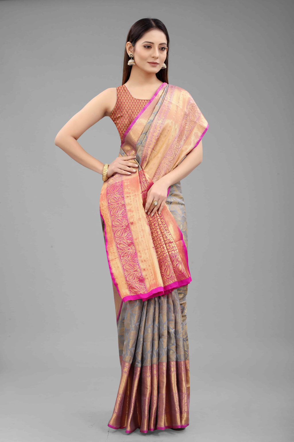 Grey Banarasi Art Silk Floral Woven Design Saree
