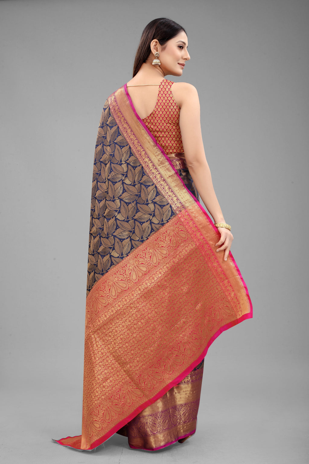 Navy Blue Banarasi Art Silk Floral Woven Design Saree