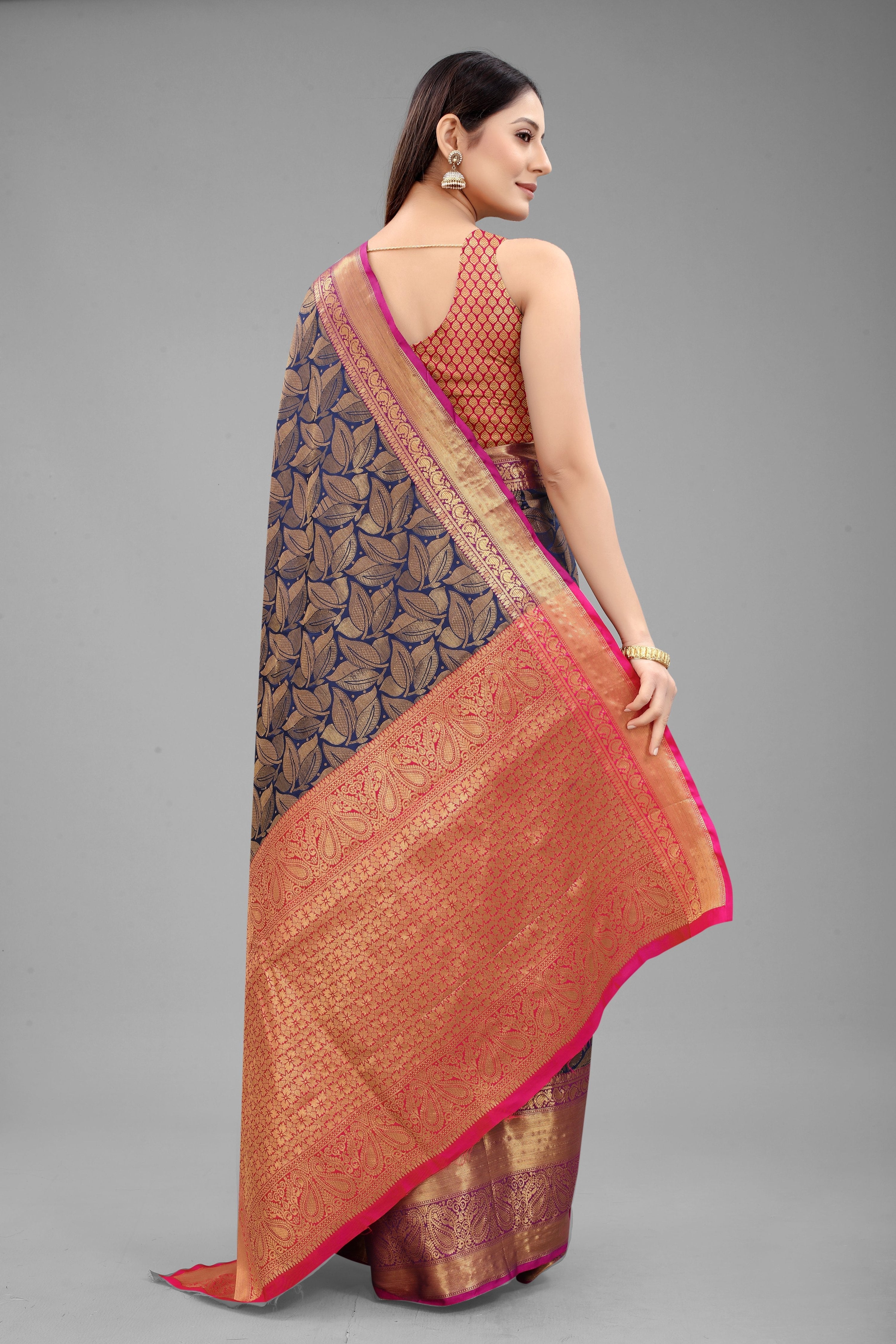 Navy Blue Banarasi Art Silk Floral Woven Design Saree