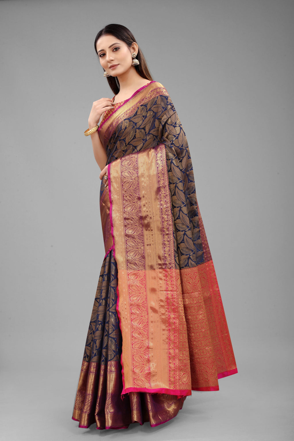 Navy Blue Banarasi Art Silk Floral Woven Design Saree