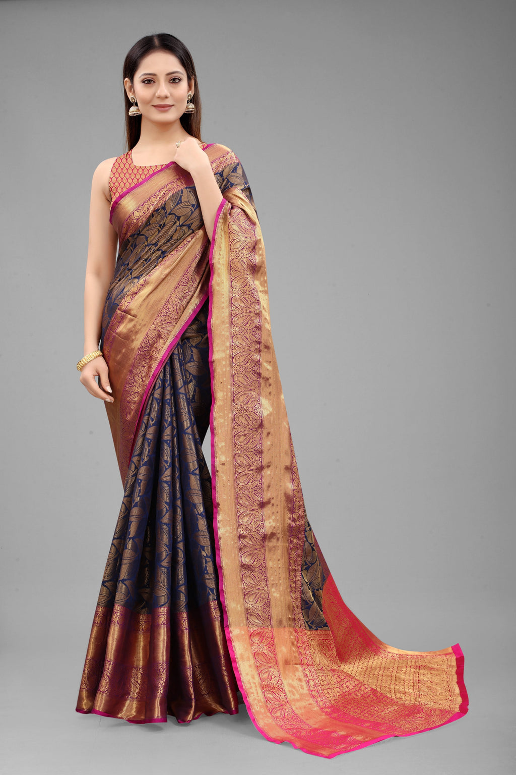 Navy Blue Banarasi Art Silk Floral Woven Design Saree