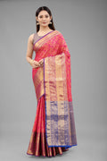 Pink Banarasi Art Silk saree with floral woven motifs and gold details