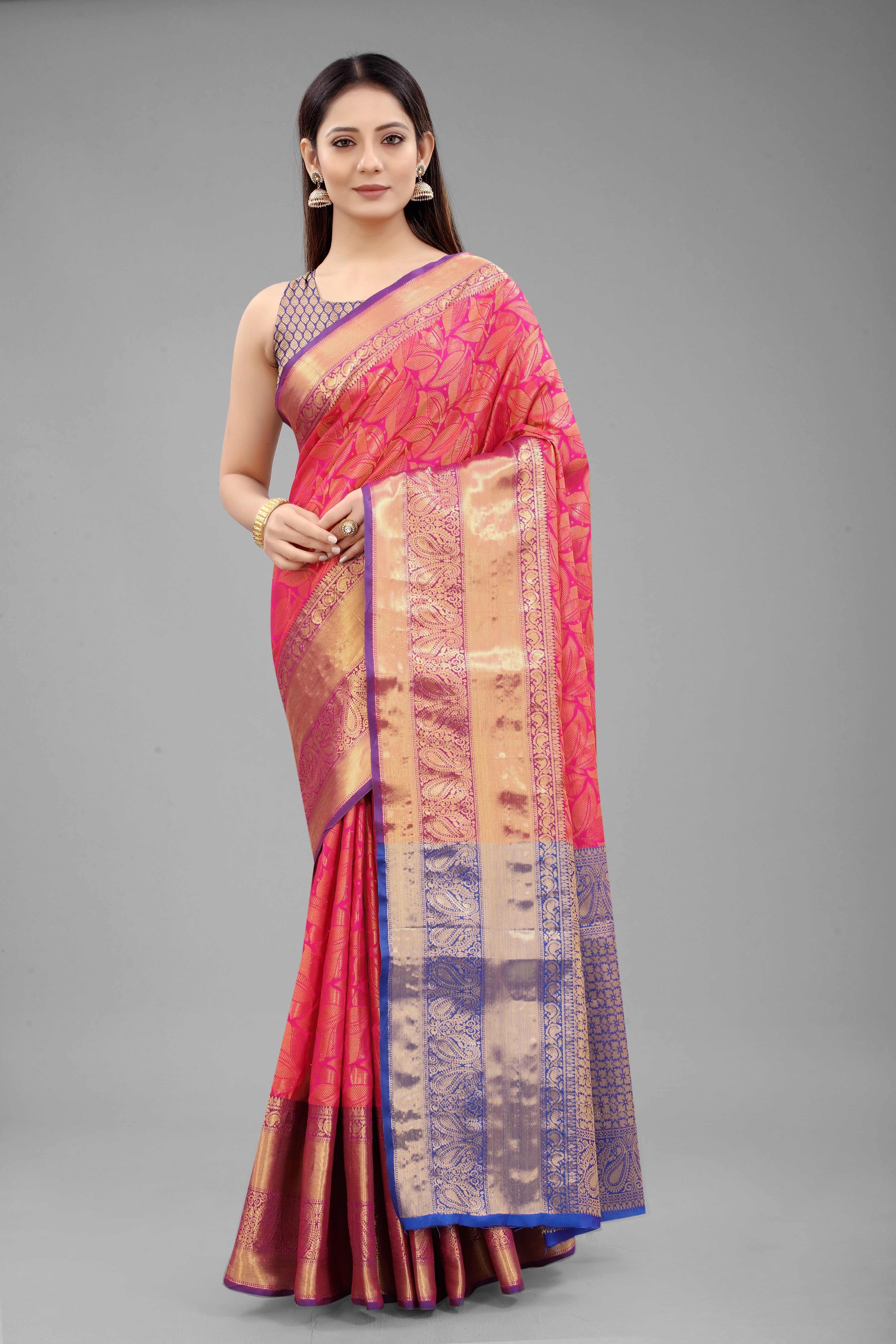Pink Banarasi Art Silk saree with floral woven motifs and gold details