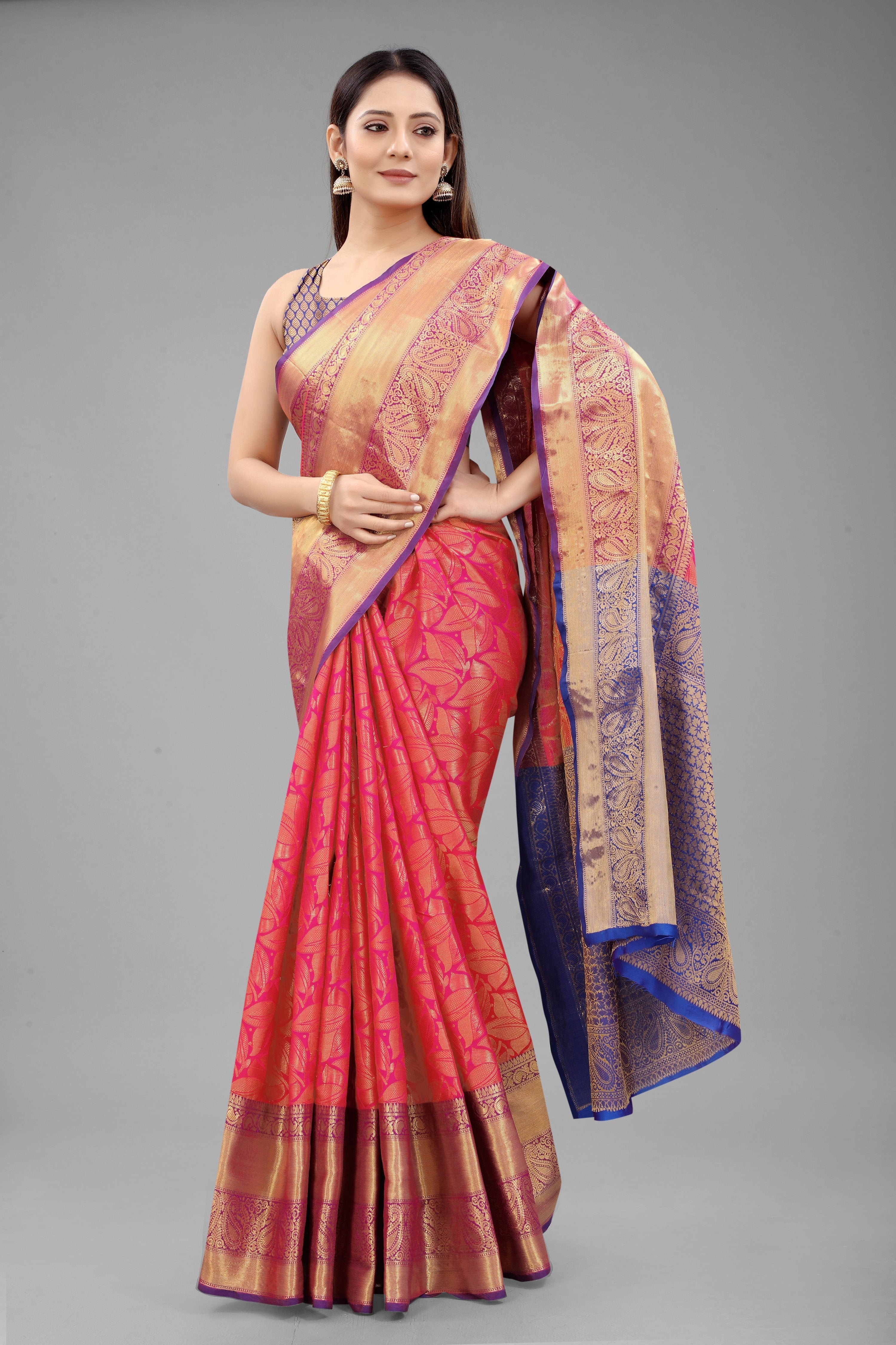 Pink Banarasi Art Silk Saree with Elegant Floral Woven Design