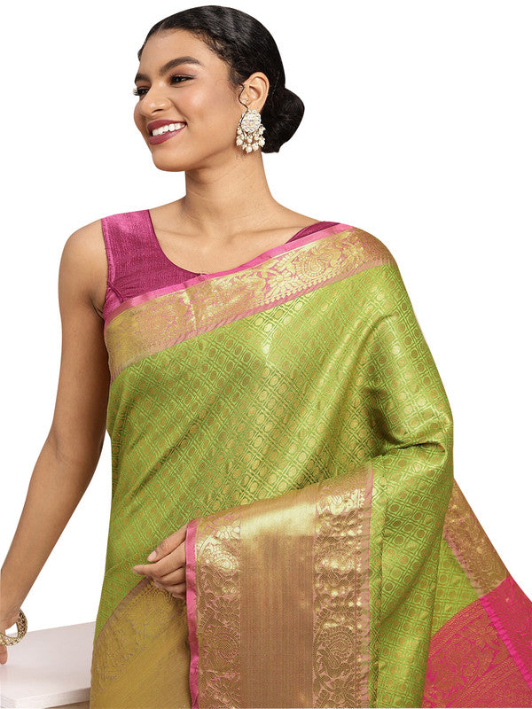 Green pure silk saree with woven zari and polka dots