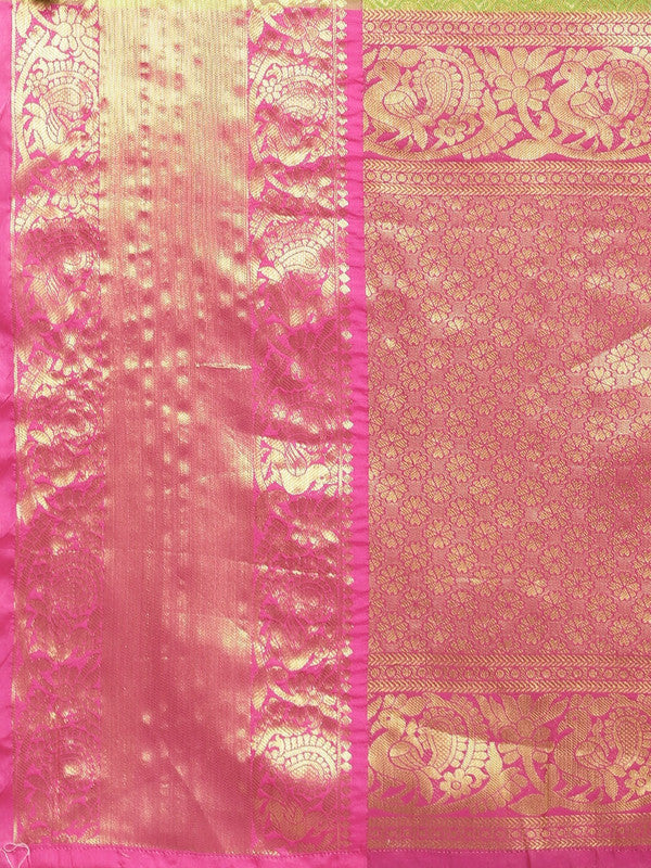 Green Pure Silk Woven Zari Polka Dots Saree with Unstitched Blouse