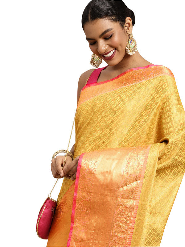 Mustard pure silk saree with woven zari polka dot design and unstitched blouse piece