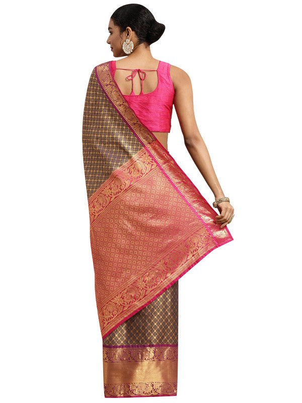 Navy Blue Pure Silk Zari Woven Polka Dot Saree with Blouse