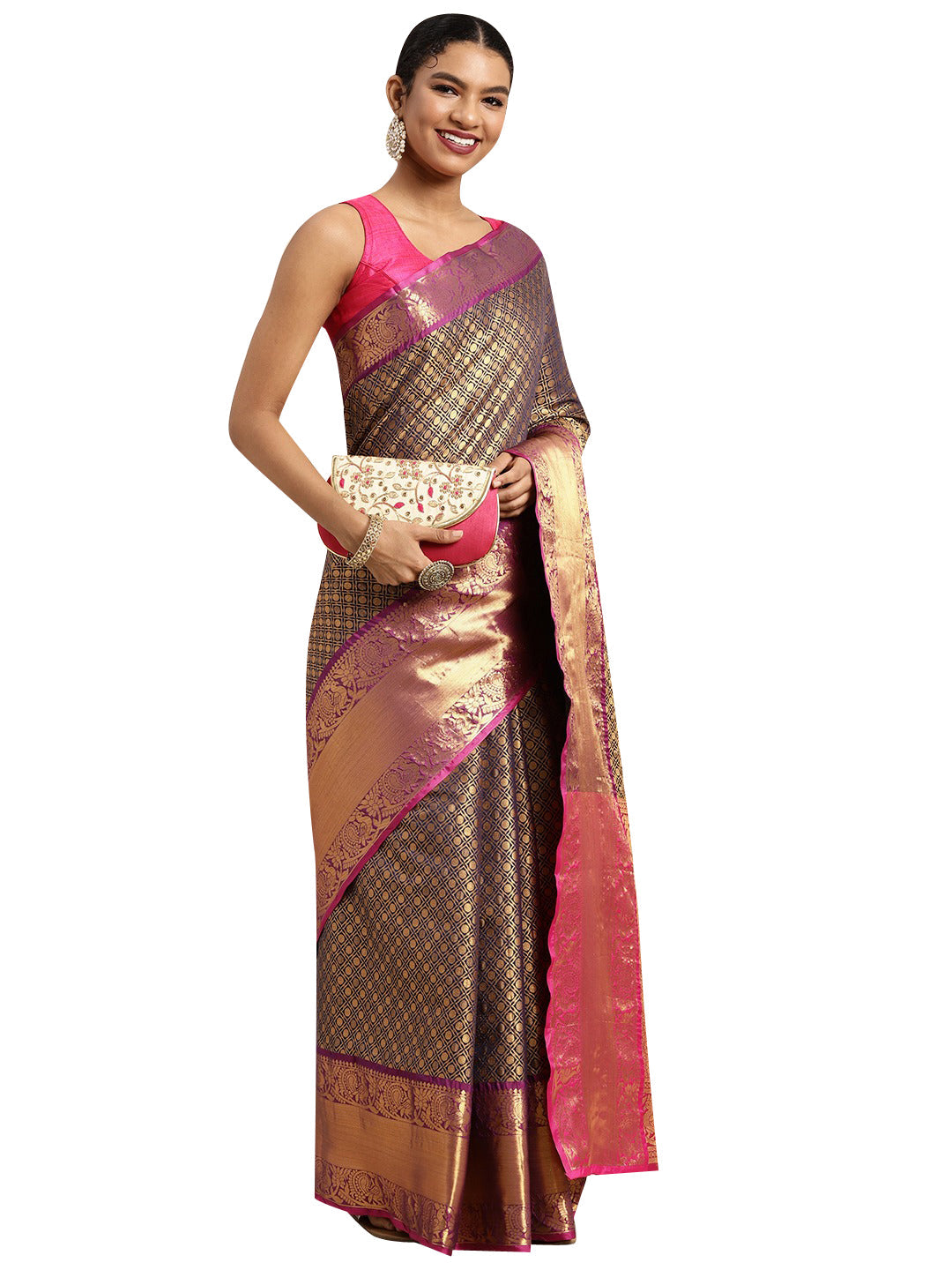 Navy Blue Pure Silk saree with zari woven polka dots and unstitched blouse