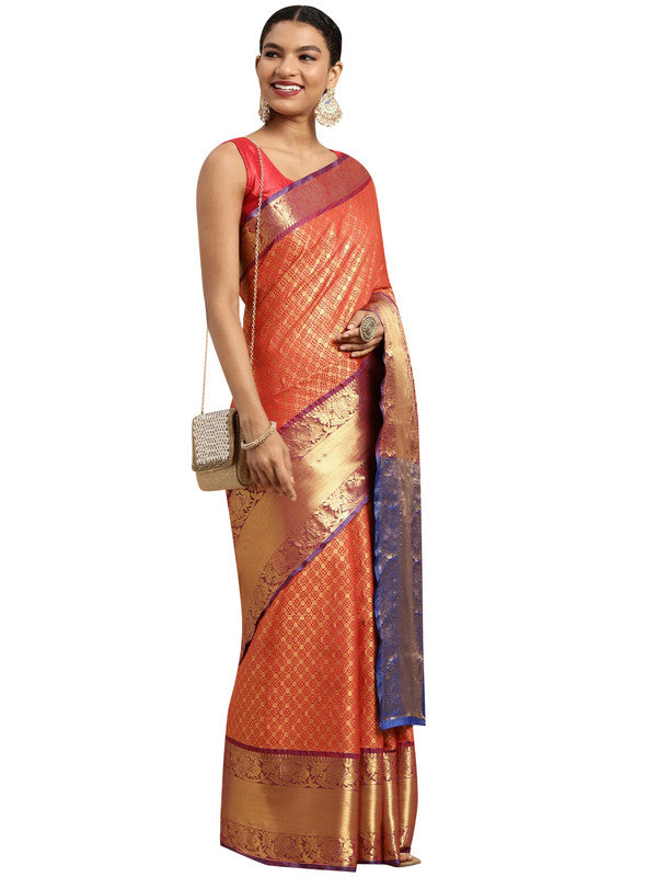 Red pure silk saree with polka dot pattern and woven zari details
