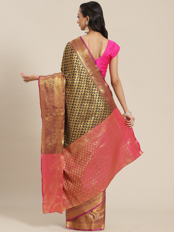 Black Brocade Saree with Paisley Zari Design and Unstitched Blouse