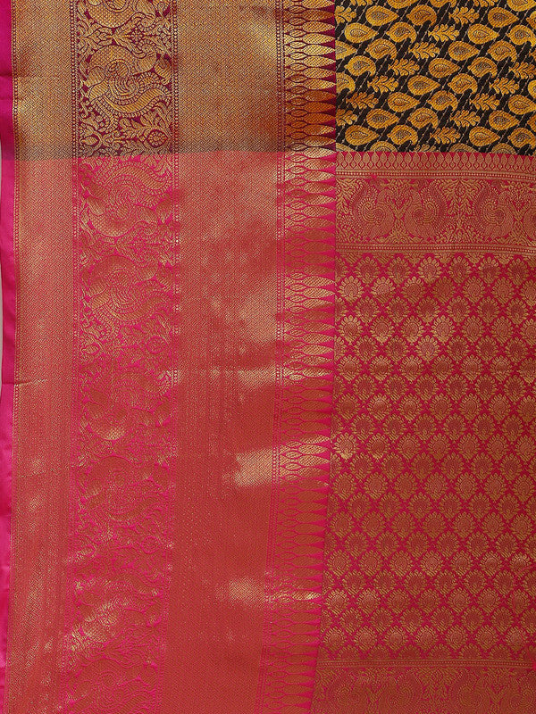 Black Brocade Saree with Paisley Zari Design and Unstitched Blouse