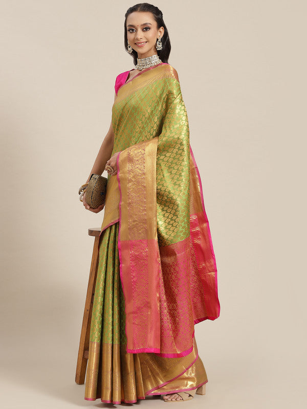 Green Brocade Woven Zari Paisley Saree with Unstitched Blouse