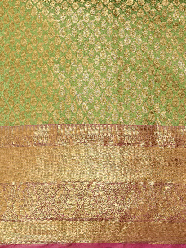 Green Brocade Woven Zari Paisley Saree with Unstitched Blouse