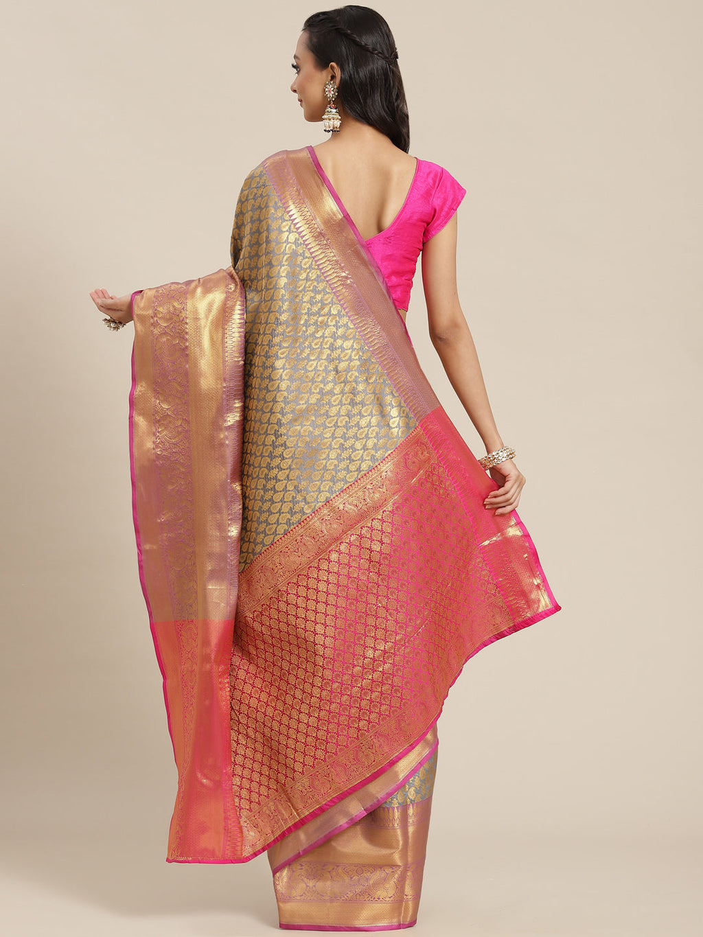 Gray Brocade Woven Zari Design Paisely Saree with Unstitched Blouse - Hiral Fashion