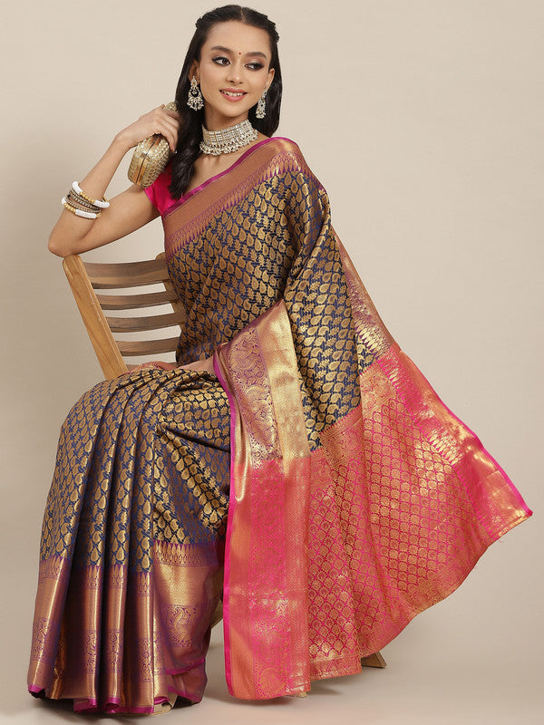 Navy Blue Brocade saree with woven zari paisley design