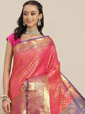 Pink brocade saree with detailed woven gold zari paisley pattern and matching blouse piece