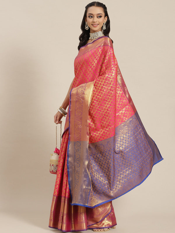 Pink Brocade Woven Saree with Zari Paisley Design & Blouse