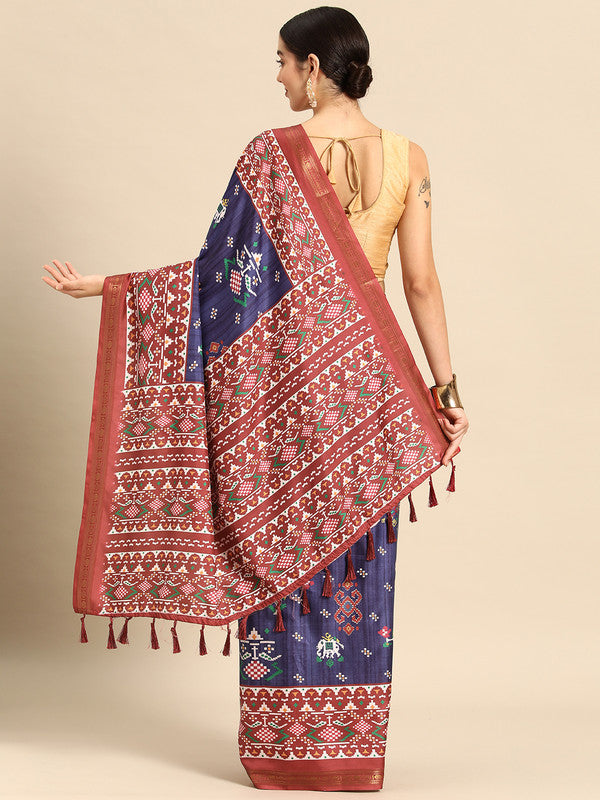 Navy Blue Silk Blend Saree with Digital Patola Print and Blouse